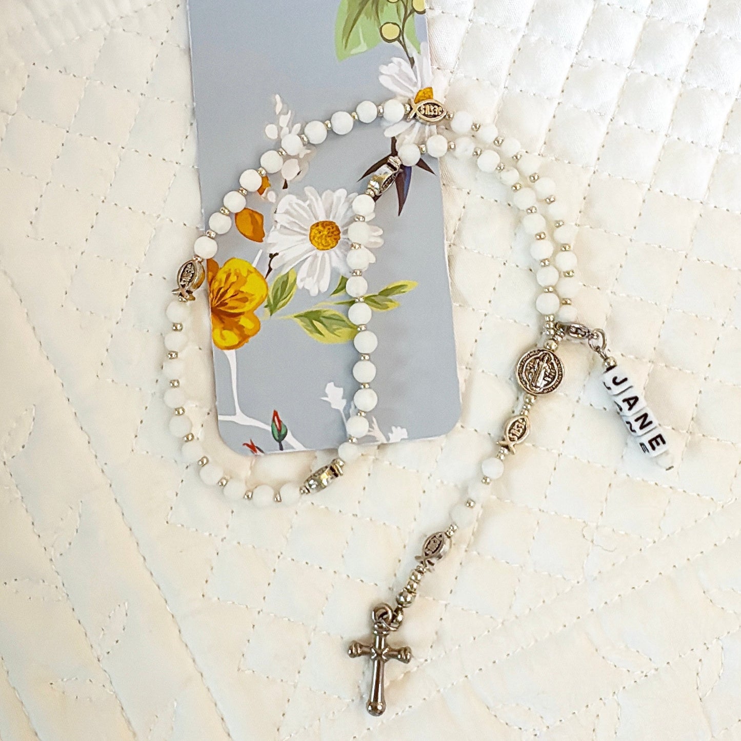 Baby Fish - White Agate Rosary |Custom Name Tag Option (up to 10 characters)