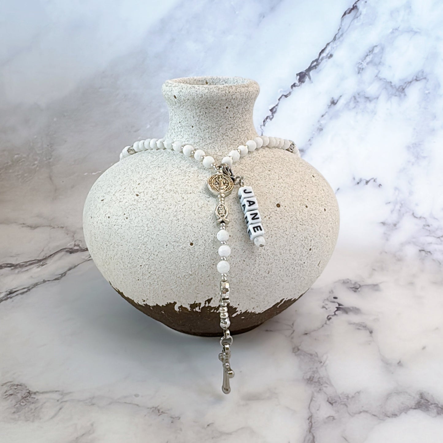 Baby Fish - White Agate Rosary |Custom Name Tag Option (up to 10 characters)