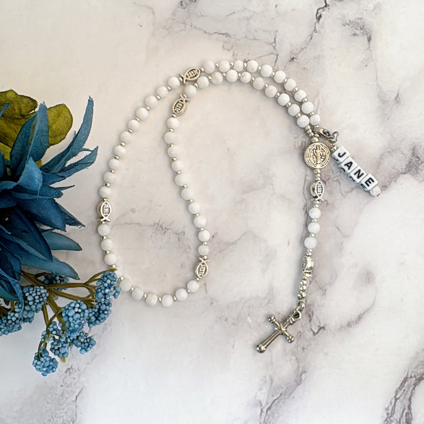 Baby Fish - White Agate Rosary |Custom Name Tag Option (up to 10 characters)