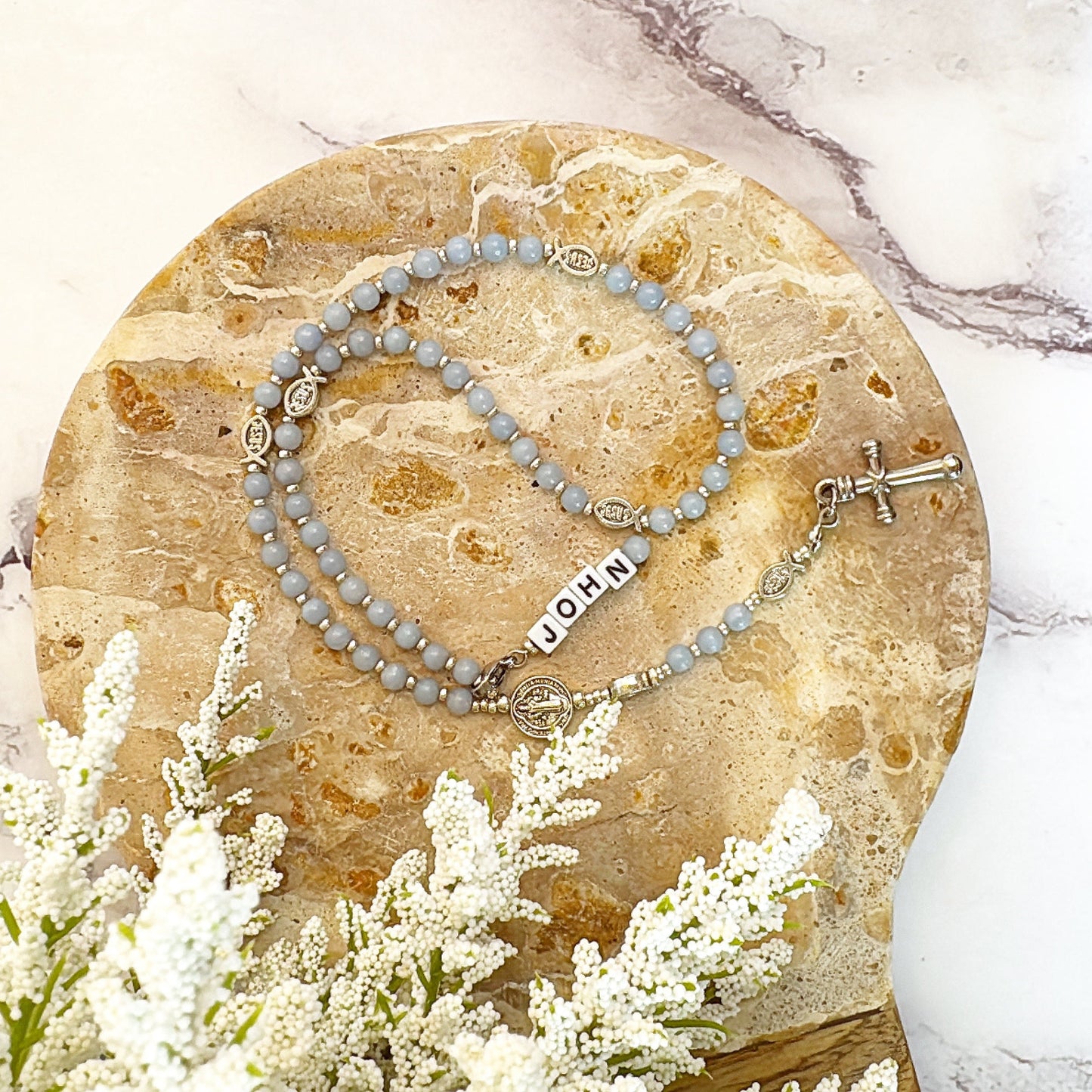 Baby Fish - Angelite Rosary for Teens | Custom Name Tag (up to 10 characters)