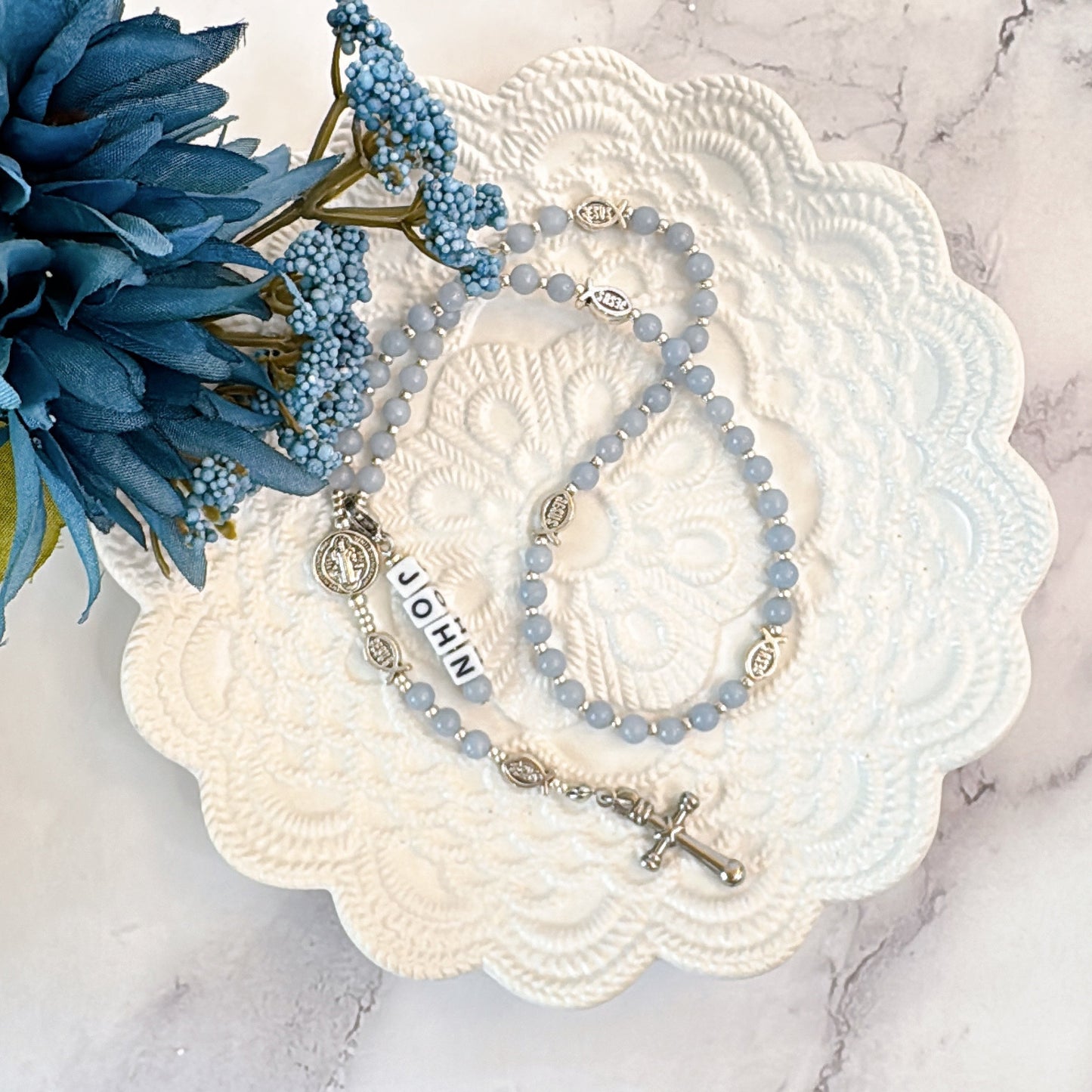 Baby Fish - Angelite Rosary for Teens | Custom Name Tag (up to 10 characters)