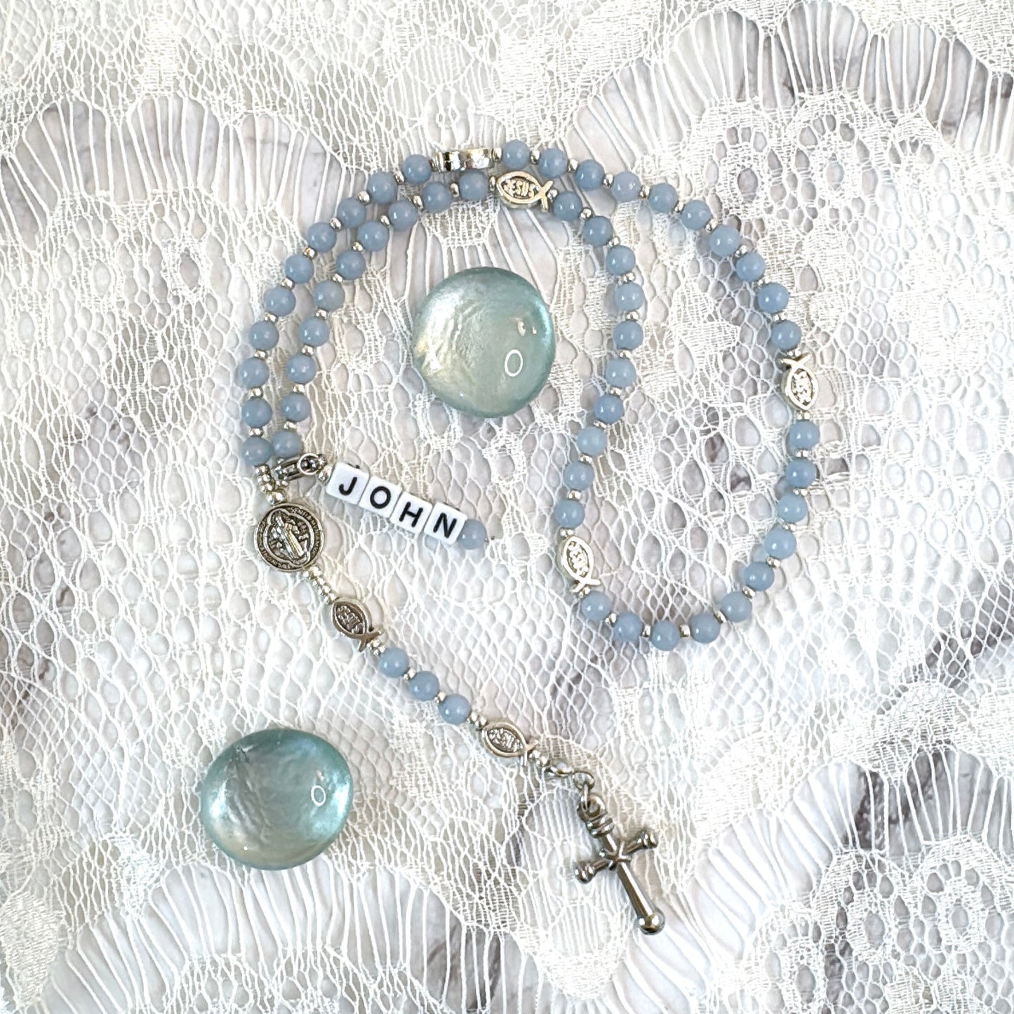 Baby Fish - Angelite Rosary for Teens | Custom Name Tag (up to 10 characters)