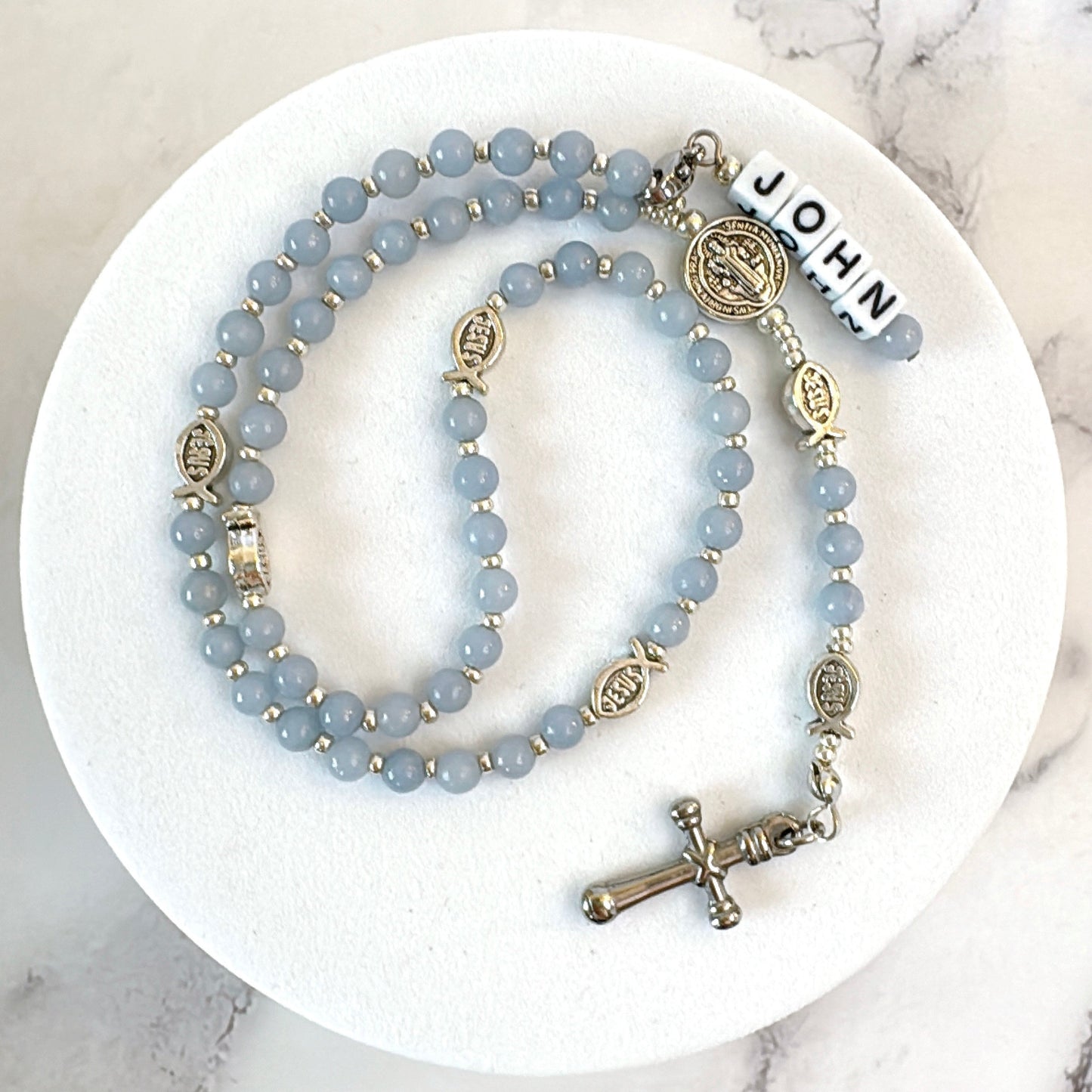 Baby Fish - Angelite Rosary for Teens | Custom Name Tag (up to 10 characters)
