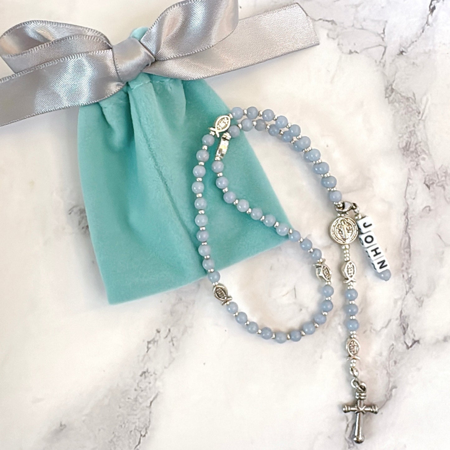 Baby Fish - Angelite Rosary for Teens | Custom Name Tag (up to 10 characters)