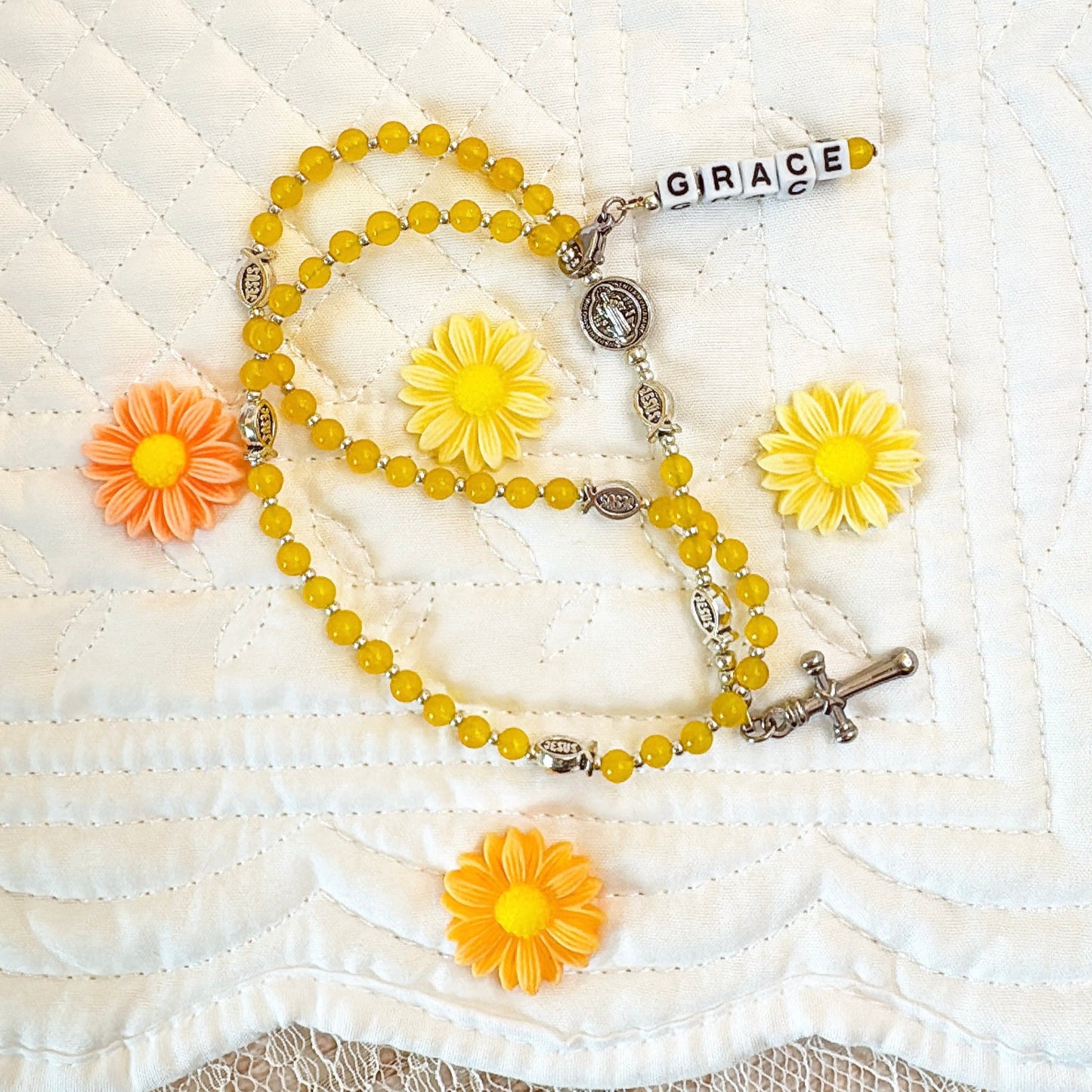 Baby Fish - Yellow Agate Rosary | Custom Name Tag Option(up to 10 characters)