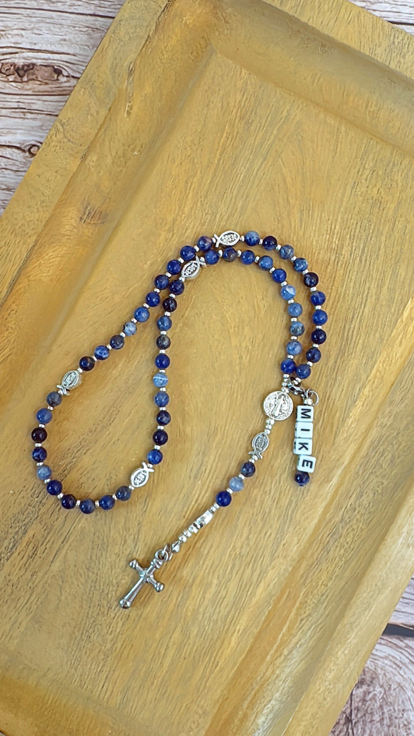 Baby Fish - Lapis Lazuli Rosary for Teens – Custom Name Tag | Custom Name Tag (up to 10 characters)