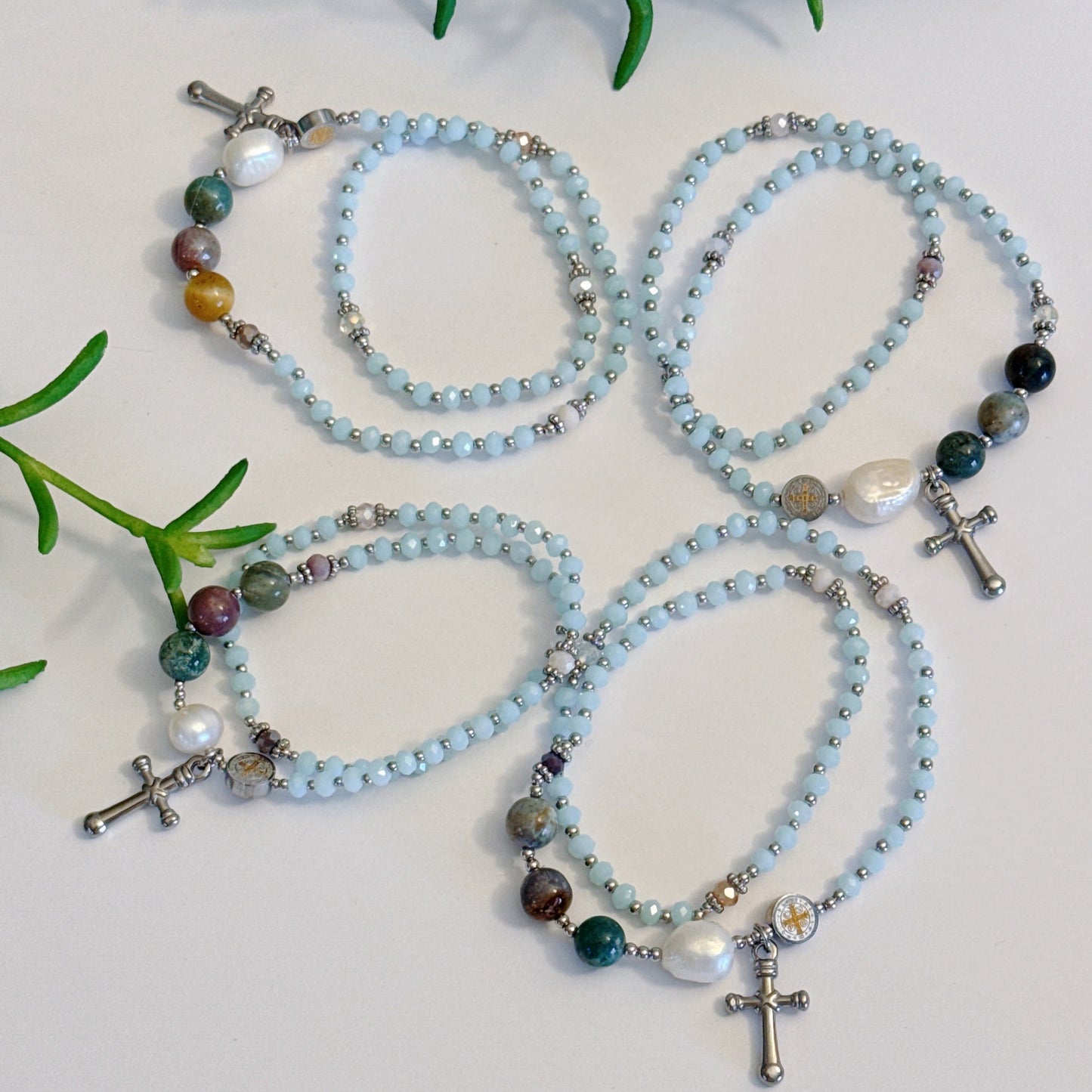 Sky blue Crystal with Multi Jasper Rosary Bracelet