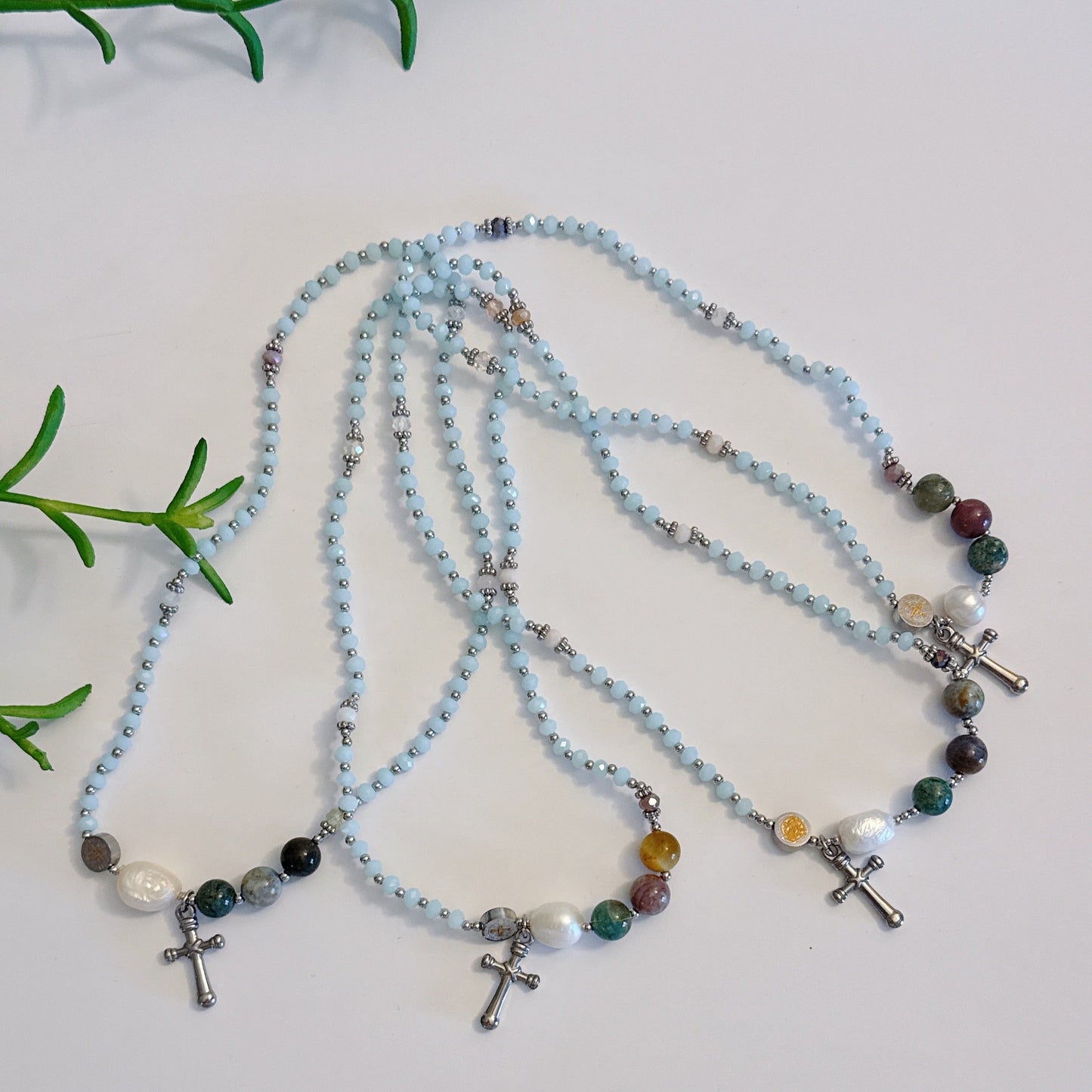 Sky blue Crystal with Multi Jasper Rosary Bracelet