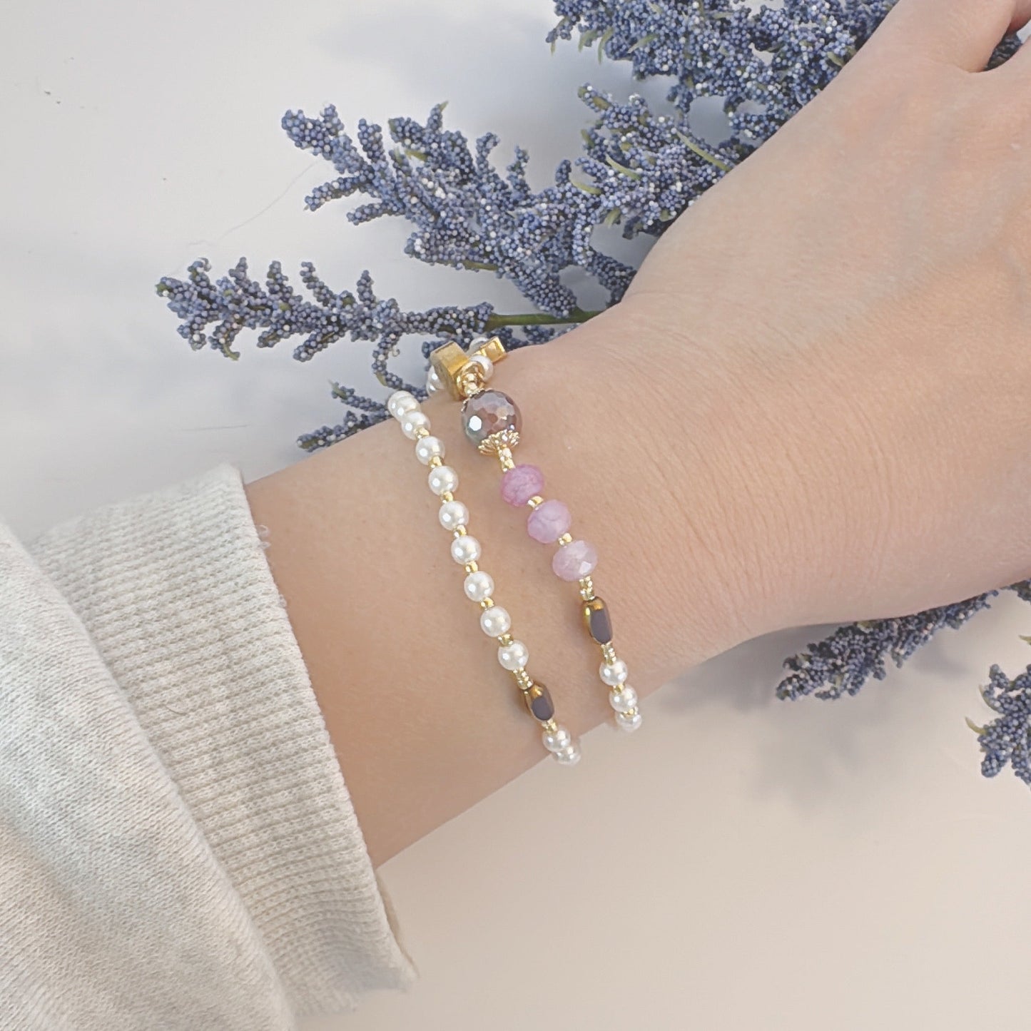 Pearl Beads with Purple Gemstone Rosary Bracelet