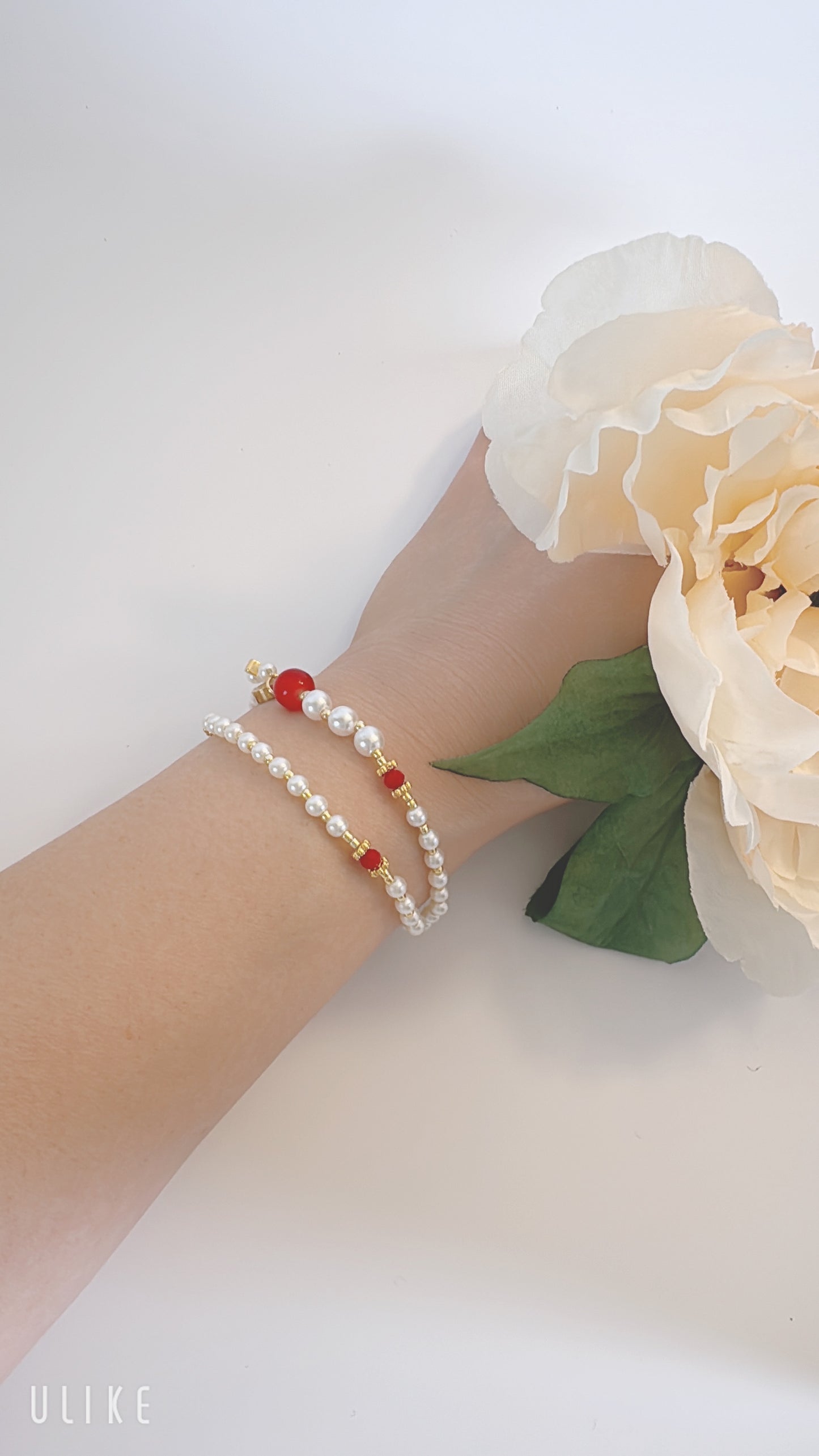 Pearl Beads with Red Crystal Rosary Bracelet