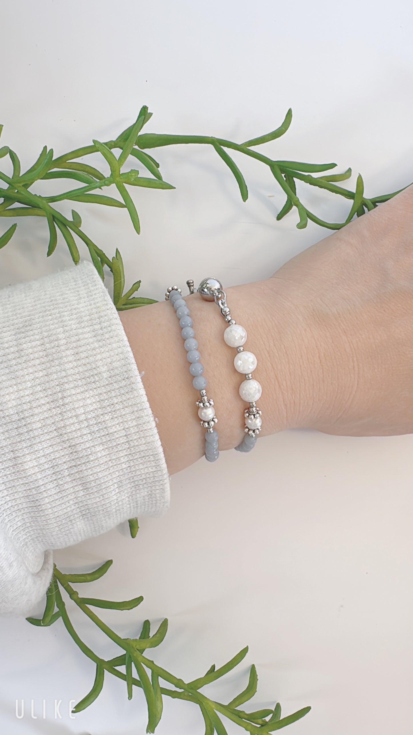 Light Blue Angelite with White Moonstone Magnetic Rosary Bracelet