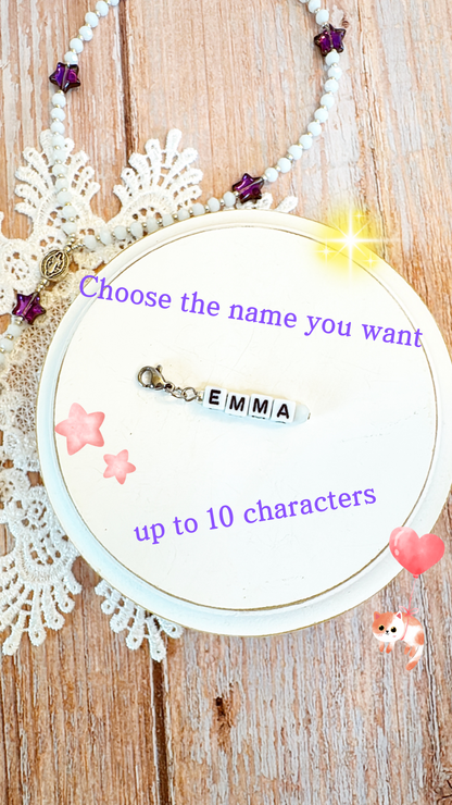 White Crystal & Purple Star Beads Rosary | Custom Name Tag Option (up to 10 characters)