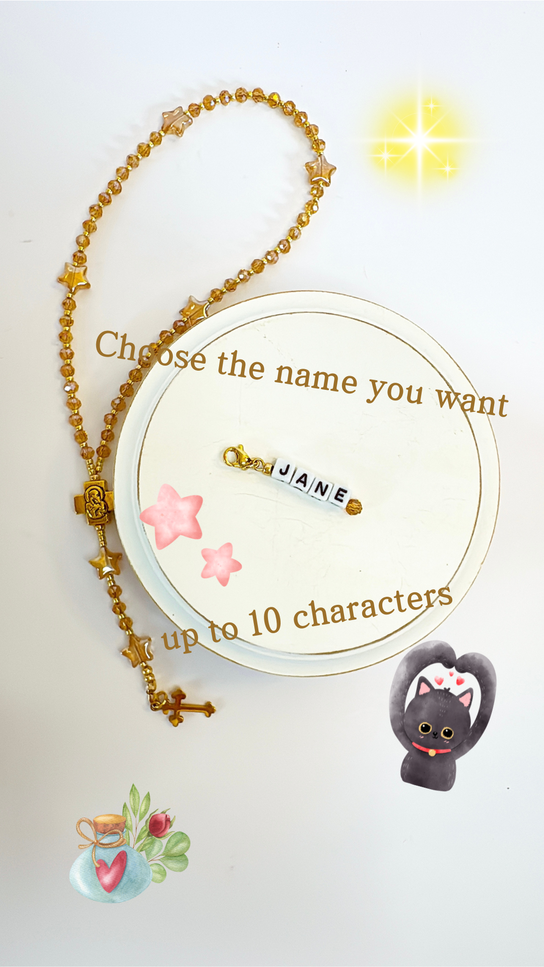 Golden Twinkle Rosary  | Custom Name Tag Option
