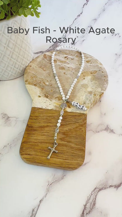 Baby Fish - White Agate Rosary |Custom Name Tag Option (up to 10 characters)