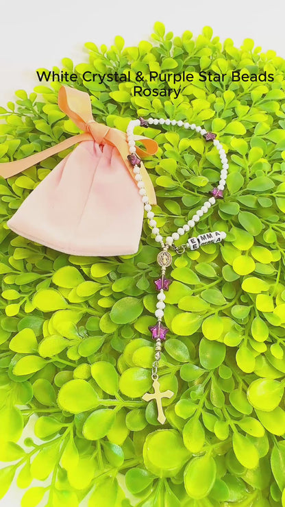 White Crystal & Purple Star Beads Rosary | Custom Name Tag Option (up to 10 characters)