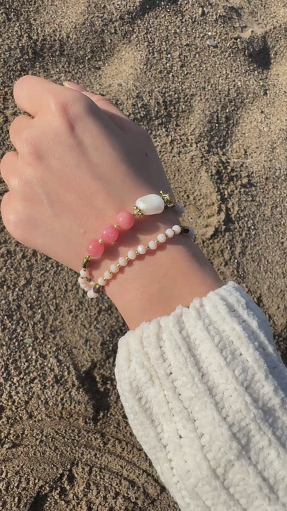 Cream Crystal with Pink Jade Rosary Bracelet