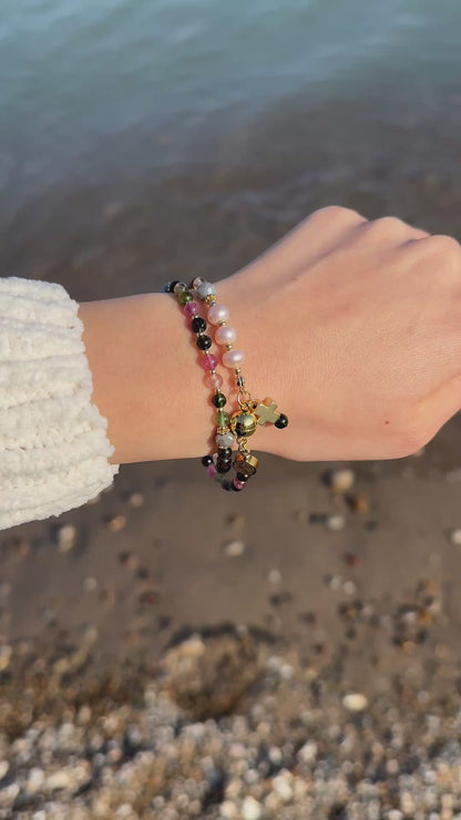 Multi Tourmaline with Pink Pearl Magnetic Rosary Bracelet