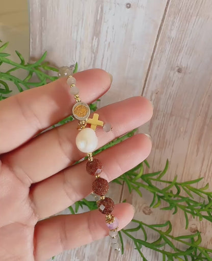 Grey Opaque Crystal with Goldstone  Rosary Bracelet