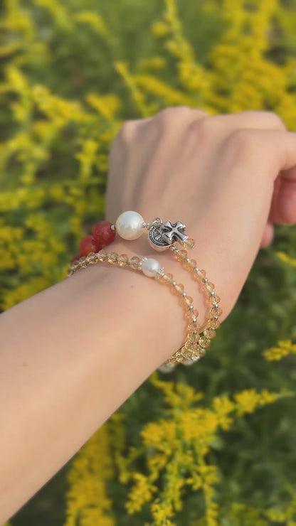 Clear Orange Crystal with Red Agate Rosary Bracelet