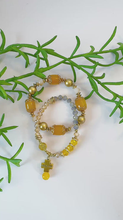 Sunny Yellow and Peach Crystal Double-Layer Elastic Rosary Bracelet