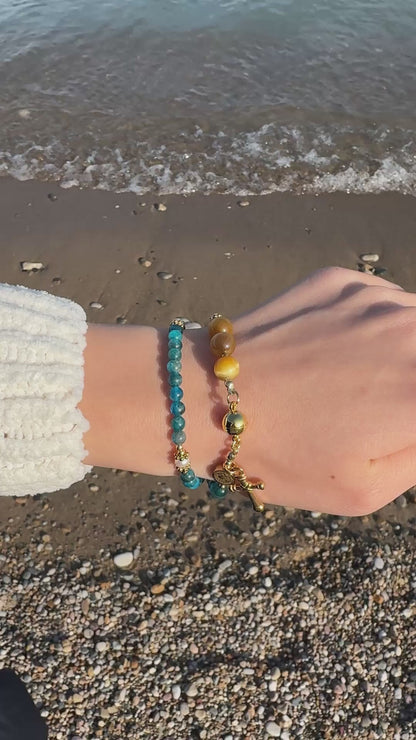 Blue Apatite with Yellow Tiger Eyes Magnetic Rosary Bracelet