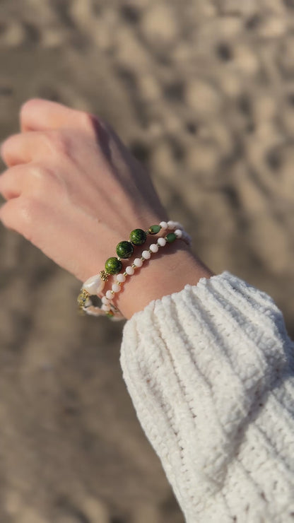 Cream Crystal with Green Jade Rosary Bracelet