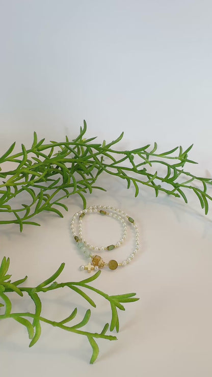 Pearl Beads with Green Gemstone Rosary Bracelet