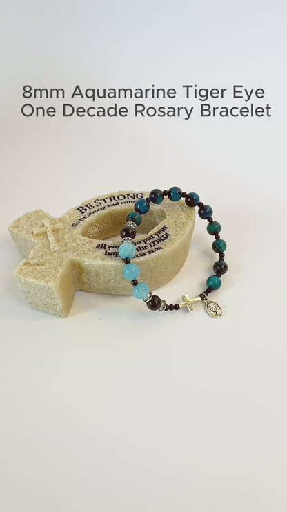 8mm Aquamarine Tiger Eye One Decade Rosary Bracelet