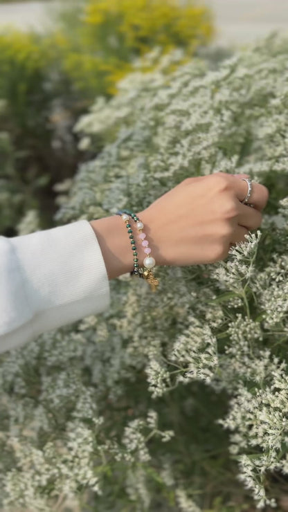 Metal Green Crystal with Pink Gemstone Rosary Bracelet