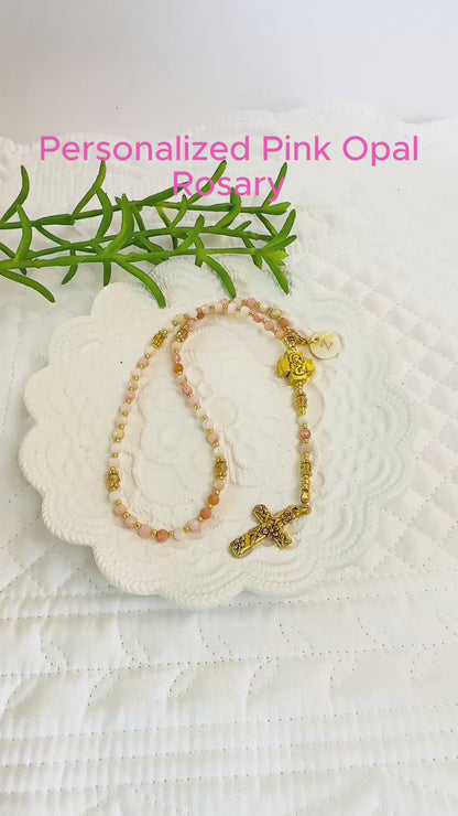 Personalized Pink Opal Rosary with Mother of Pearl Initial