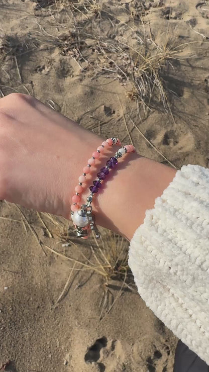 Pink Coral with Amethyst Magnetic Rosary Bracelet