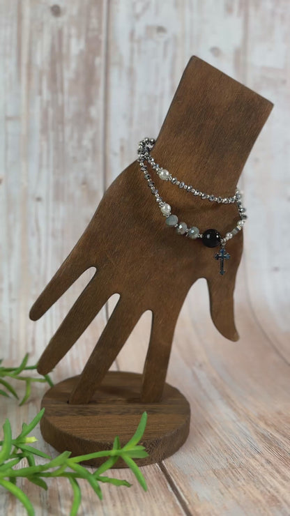 Silver Metallic Crystal Rosary Bracelet